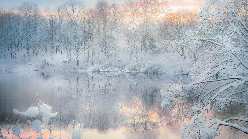 Snowy winter landscape reflection wallpaper