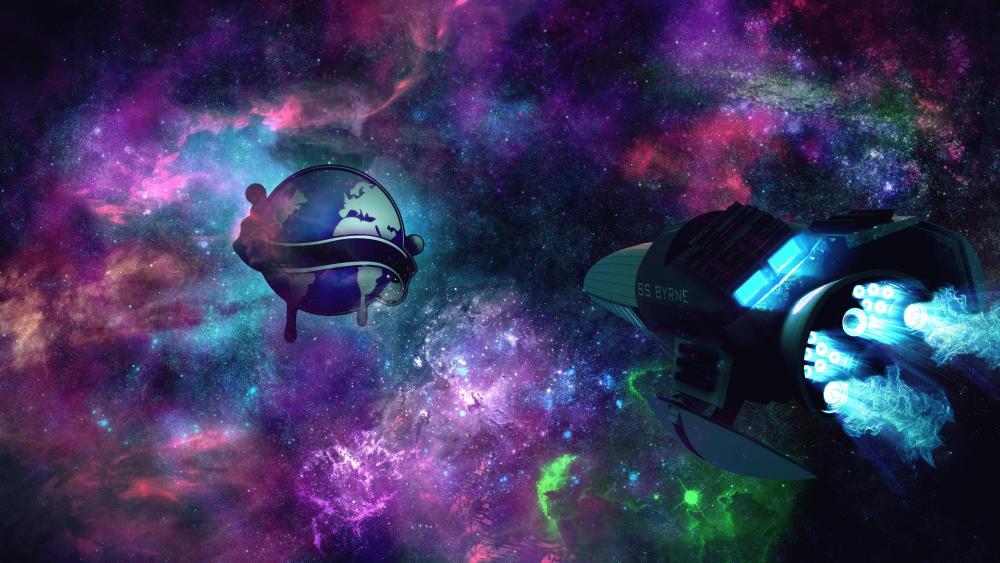 Spaceship in the colorful universe wallpaper
