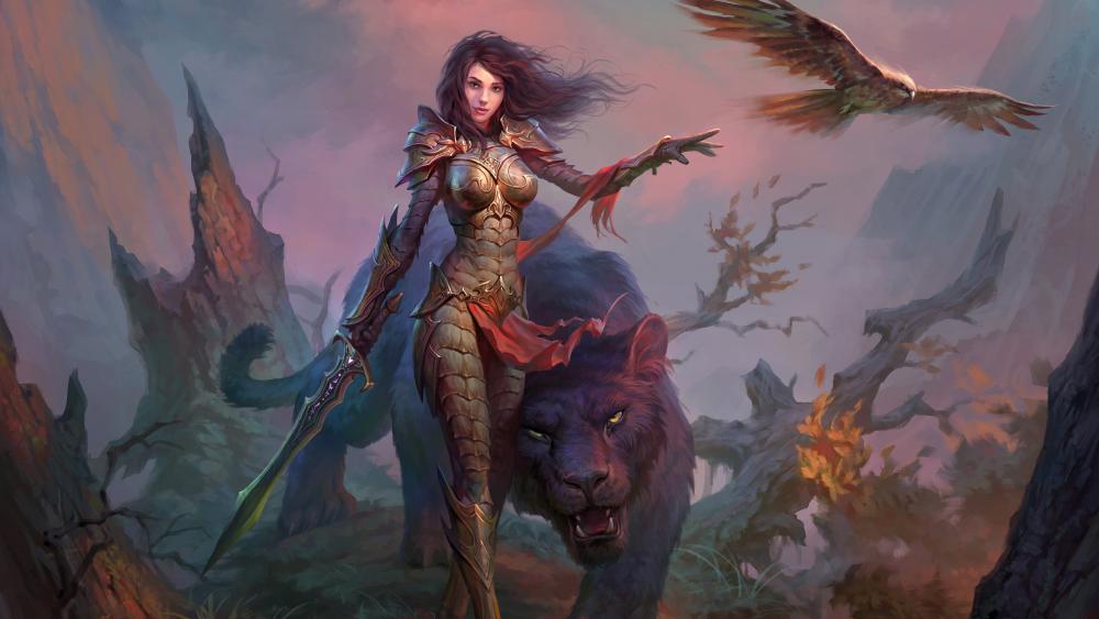 Woman warriror with a magical tiger wallpaper