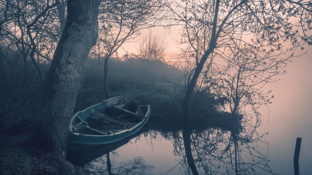 Lakeside on a misty dawn wallpaper