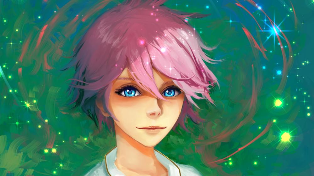 Anime girl with pink short hair and blue eyes wallpaper