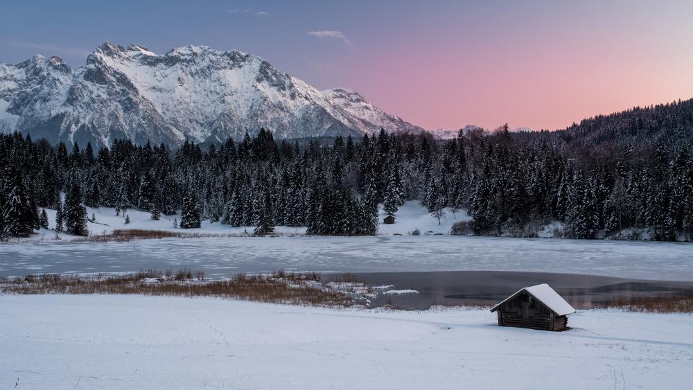 Hut at a frozen lake wallpaper