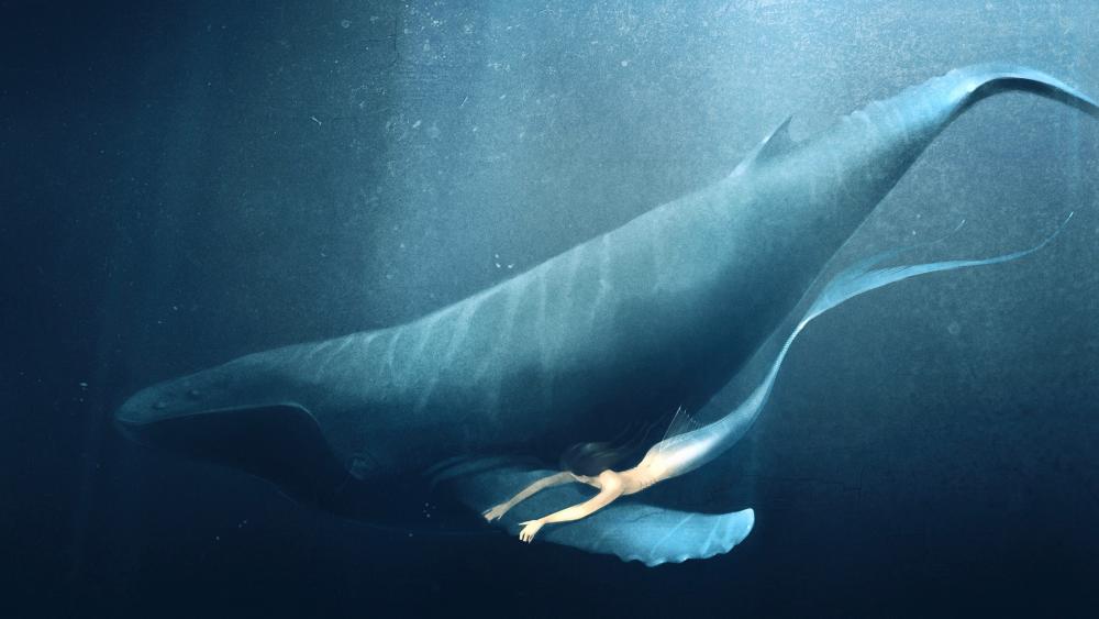 Mermaid with a blue whale wallpaper
