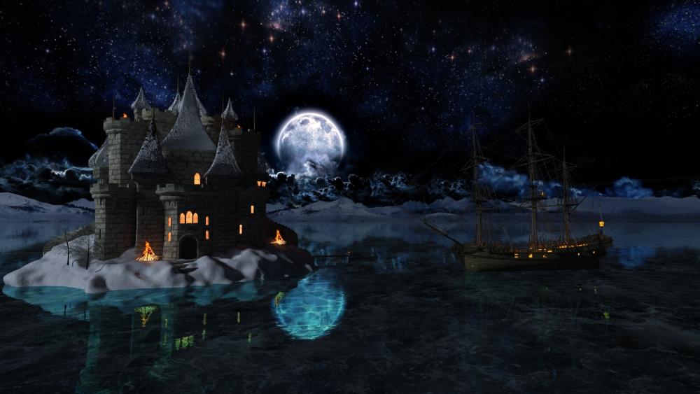 Fantasy castle in the full moon wallpaper