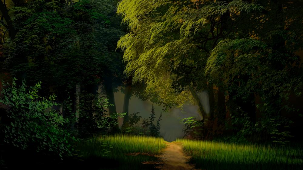 Forest path painting wallpaper