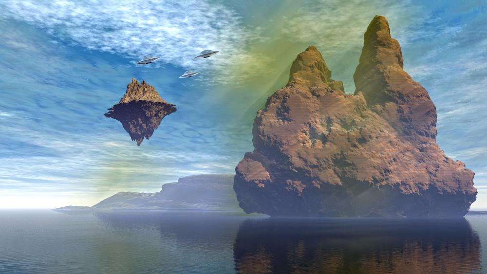 Scifi landscape with UFOs wallpaper