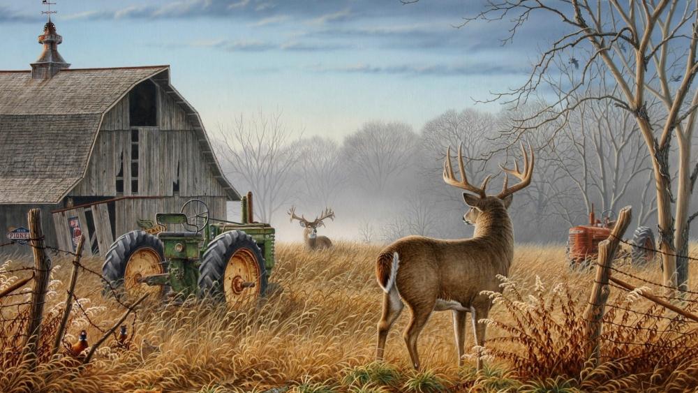 Deers on an abandoned farm painting art wallpaper