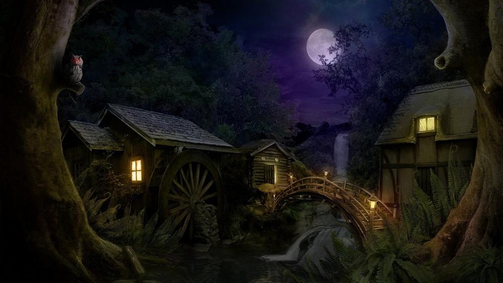 Watermill in the full moon wallpaper
