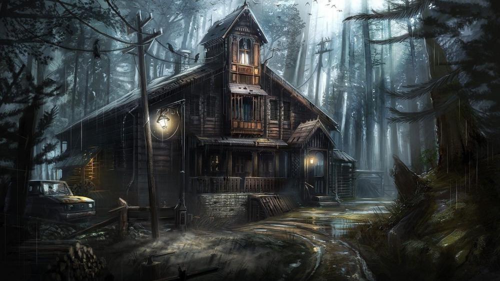 Haunted house in the forest wallpaper