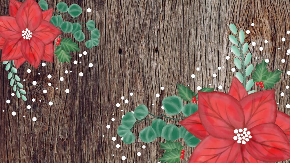 Red flower pattern on a wood plank wallpaper