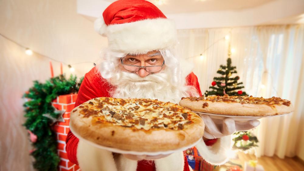 Santa with pizzas wallpaper