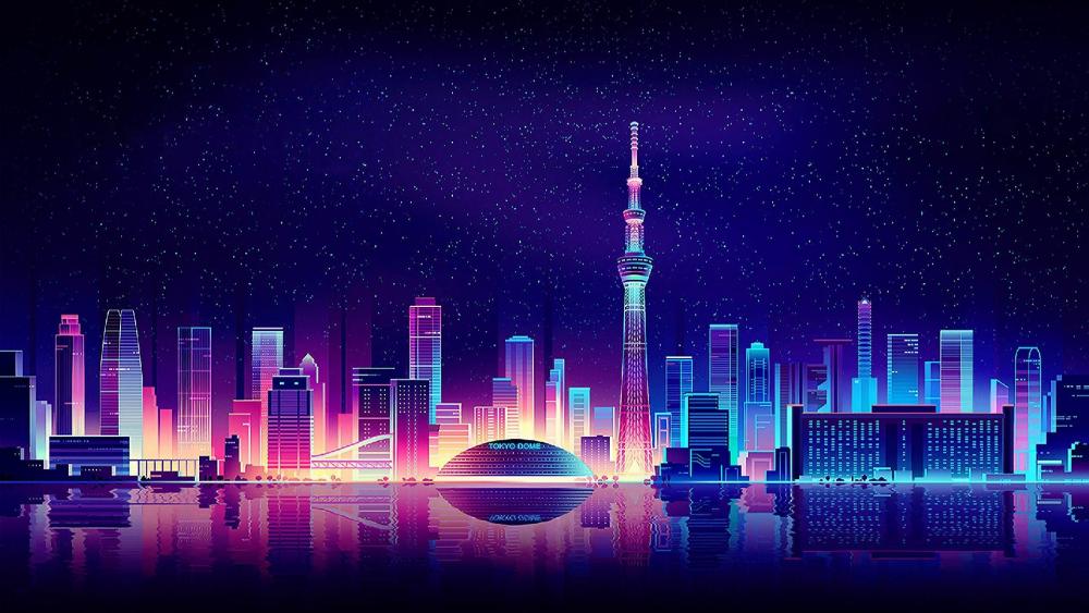 Starry night sky above a neon city wallpaper
