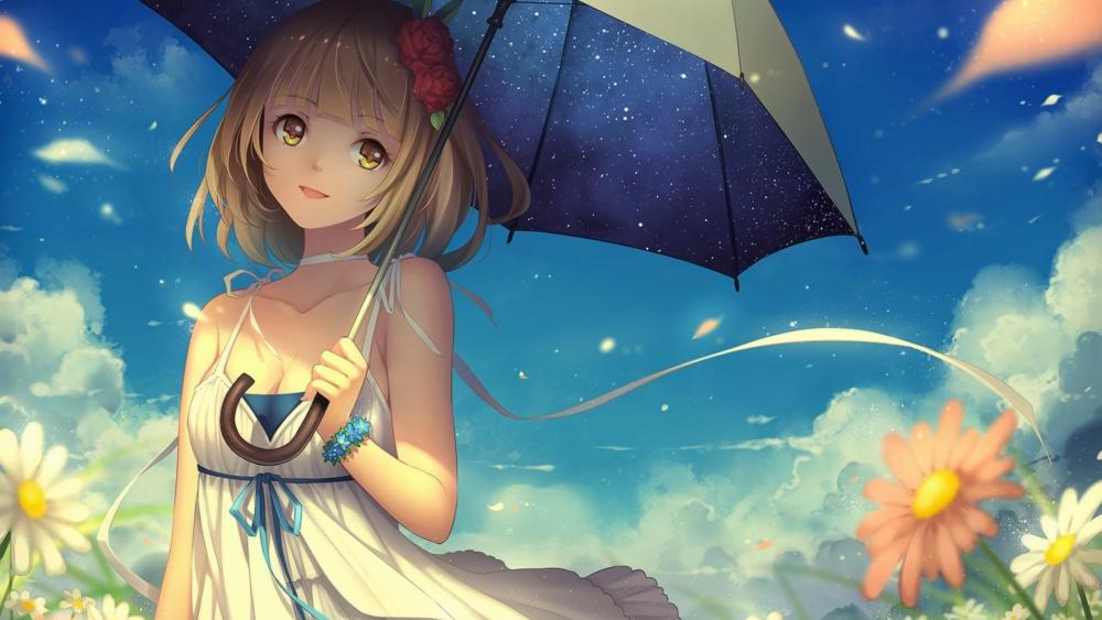 Kawaii Anime Girl with umbrella wallpaper