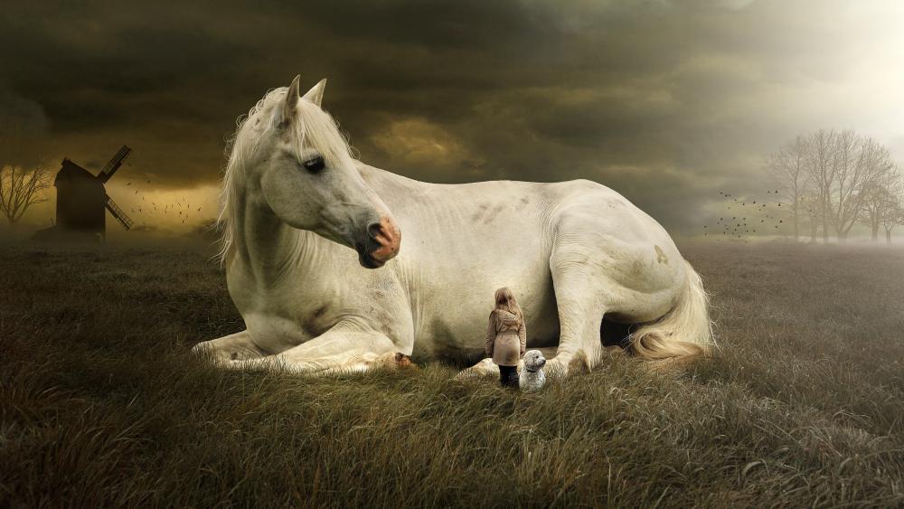 Little girl and a white horse wallpaper