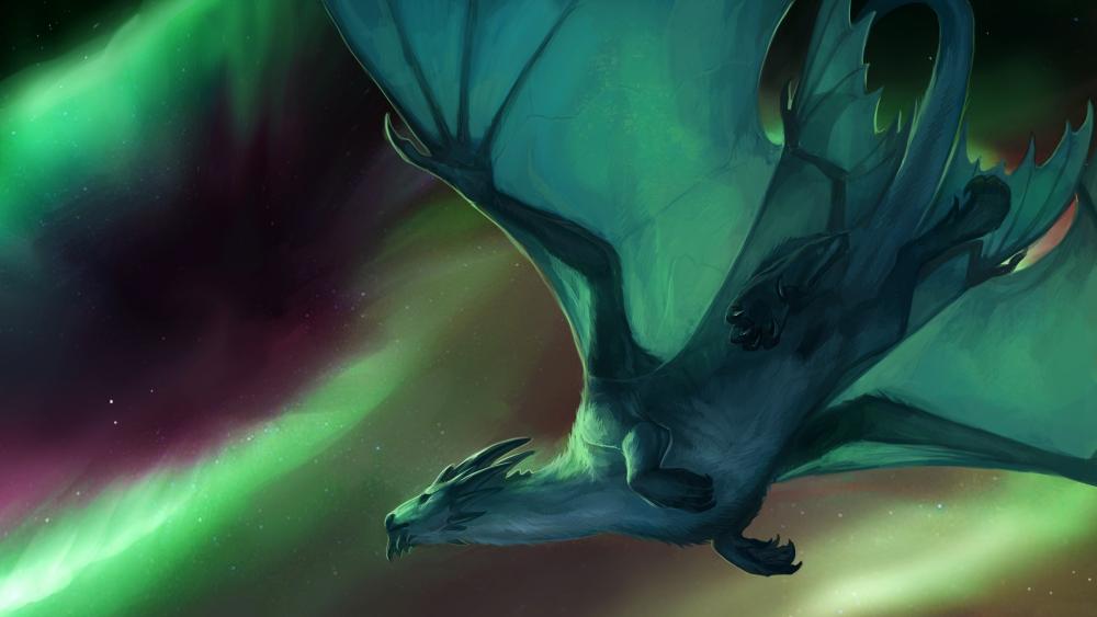 Flying dragon under the green polar lights wallpaper
