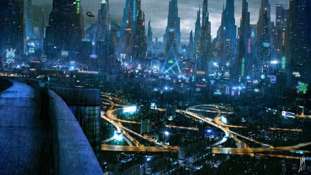 Rainy Futuristic city - Scifi art wallpaper