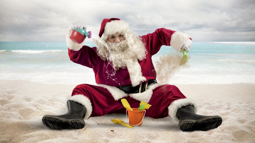 Funny Santa on the beach wallpaper