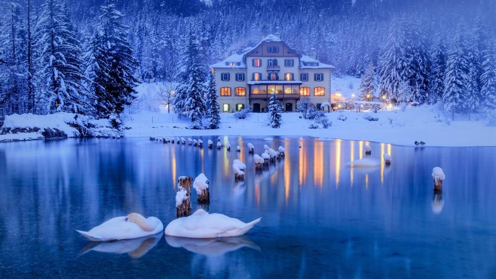 Lakeside house in the snowy forest wallpaper