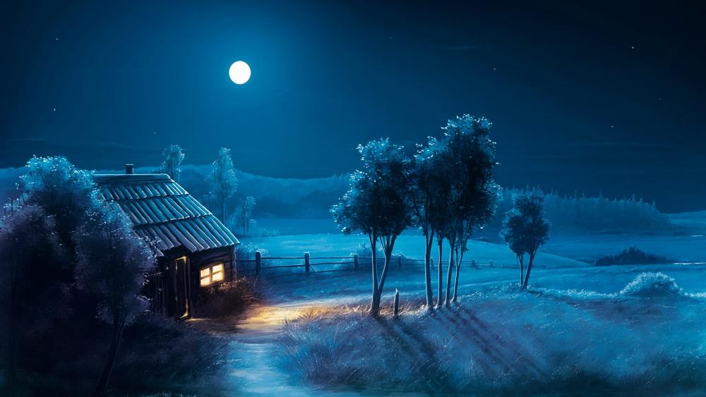 Blue night fantasy landscape wallpaper