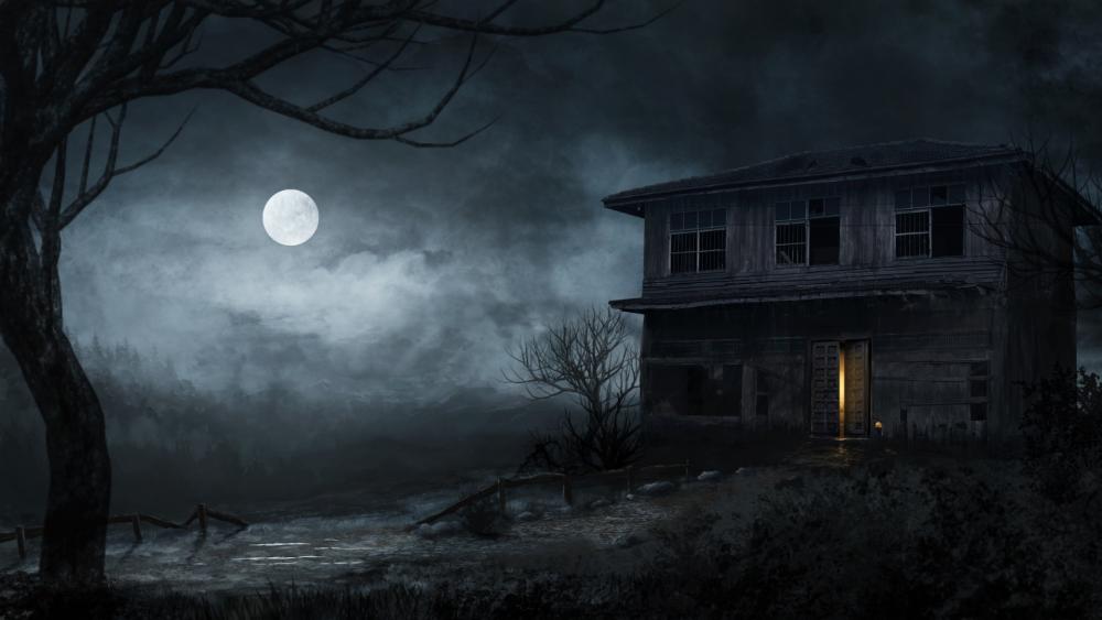 Abandoned haunted house at full moon wallpaper