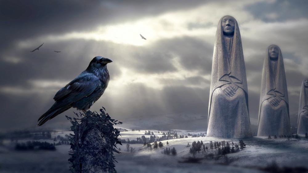 Cloistress statues and a crow wallpaper