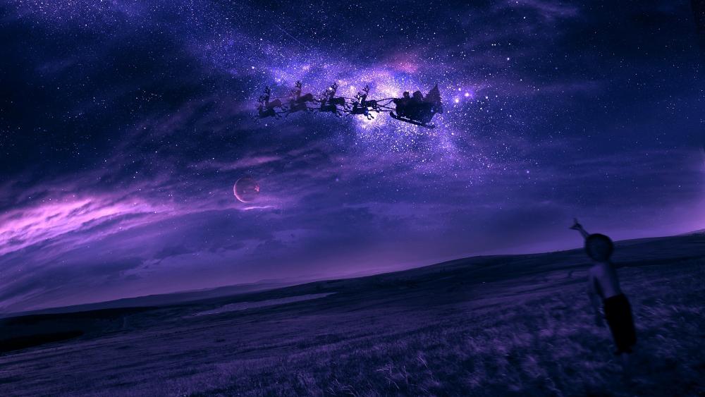 Santa's sled on the night sky wallpaper