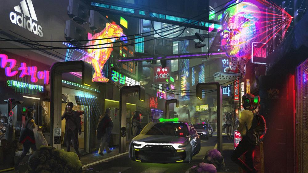 Futuristic neon city wallpaper
