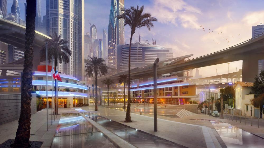 Futuristic city with palms wallpaper
