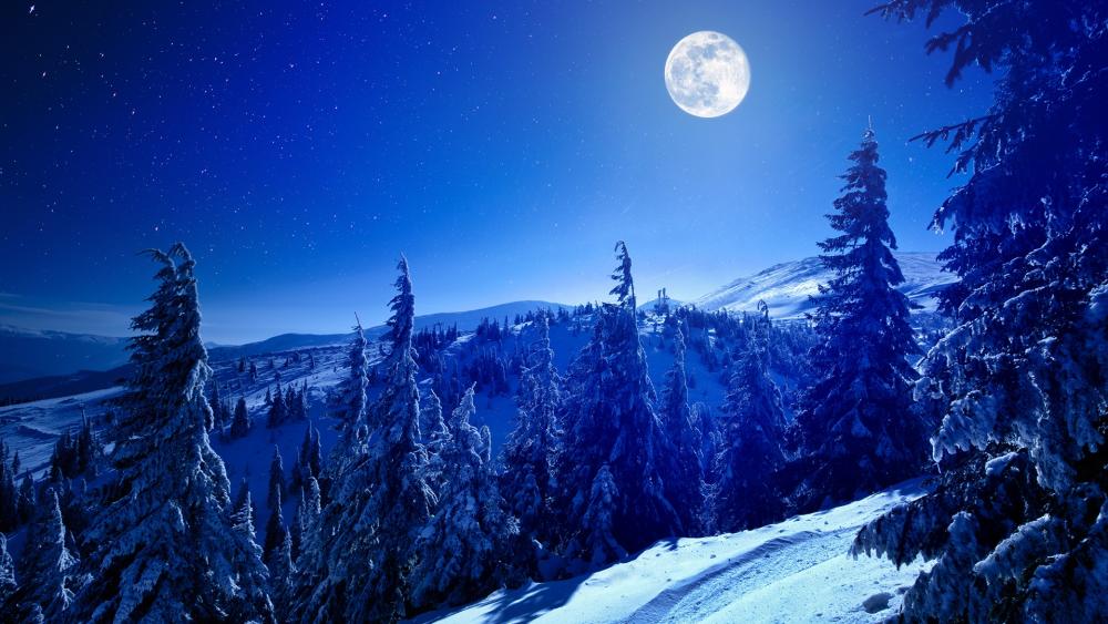 Full moon above the snowy mountains wallpaper