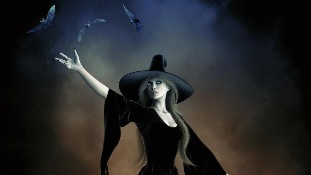 Gothic demonic witch with bats wallpaper