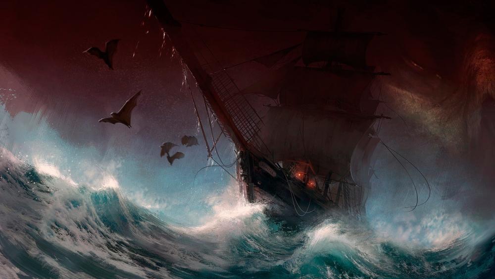 Sailing ship on the stormy sea wallpaper