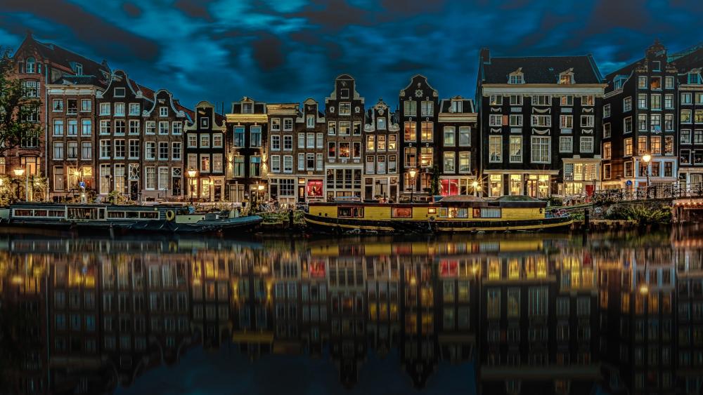 Amsterdam night cityscape reflection wallpaper