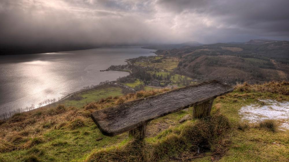 Bench with panoramic view wallpaper