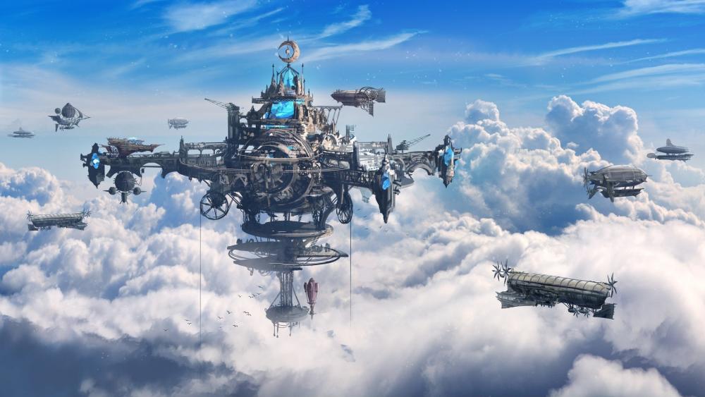 Floating steampunk city in the sky wallpaper