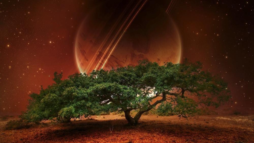 Solitary tree and a ringed planet on the sky wallpaper