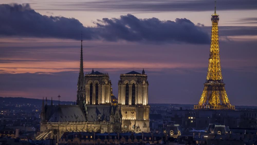 Notre Dame and Eiffel Tower at night wallpaper