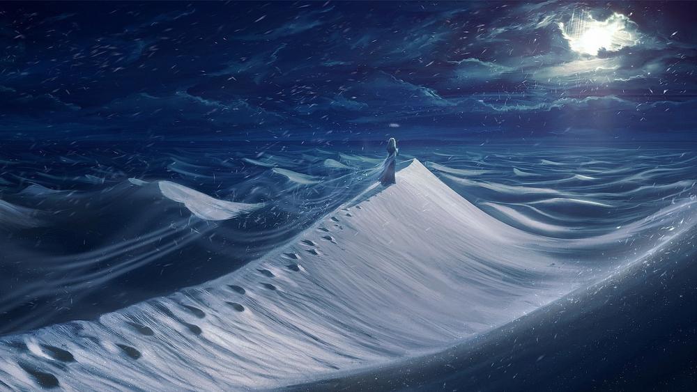Woman in the snowy dunes wallpaper