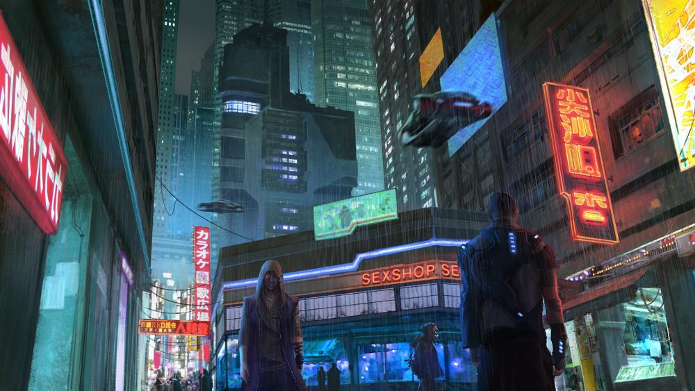 Cyberpunk city street wallpaper