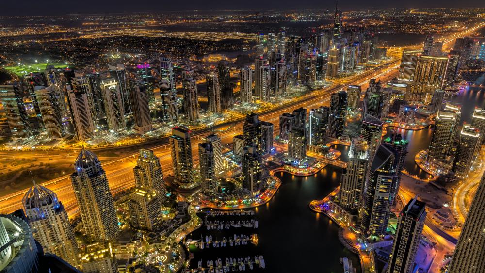 Panoramic view of Dubai at night wallpaper