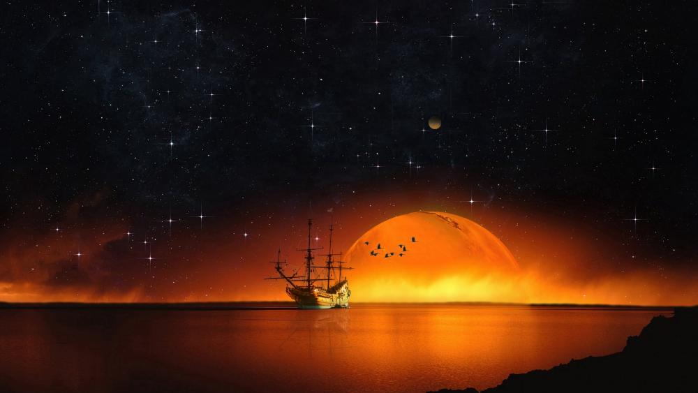 Sailing ship under the starry night sky wallpaper