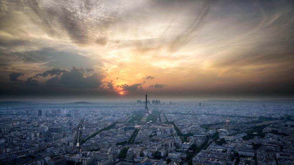 Misty Paris Skyline at sunset wallpaper
