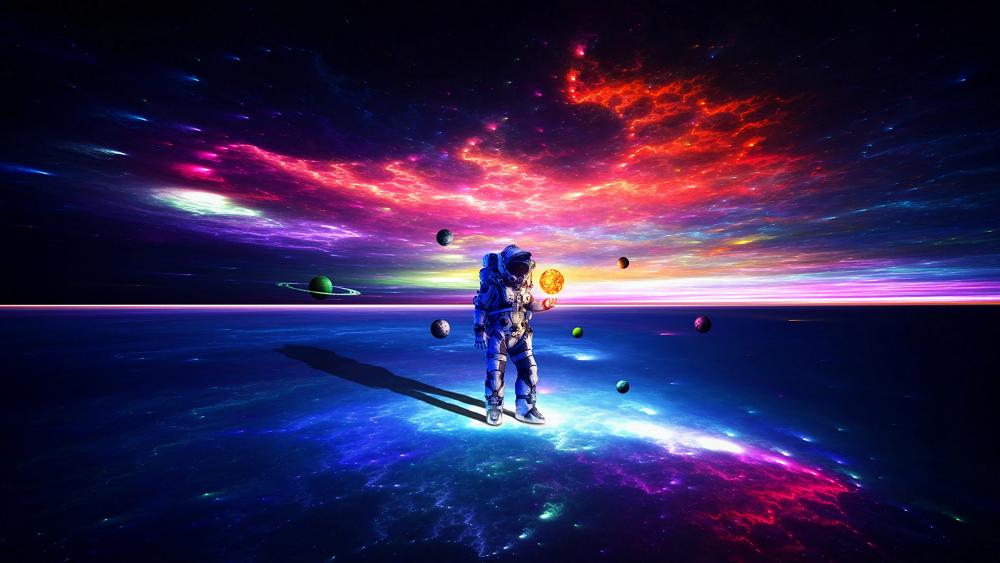 Astronaut plays with planets wallpaper