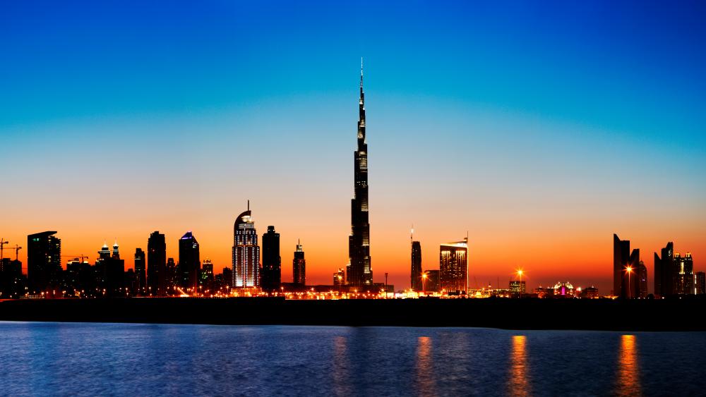 Dubai skyline with Burj Khalifa at sunset wallpaper