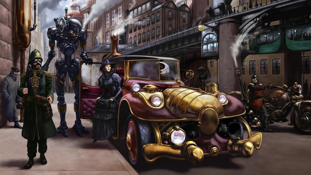 Steampunk city drawing wallpaper