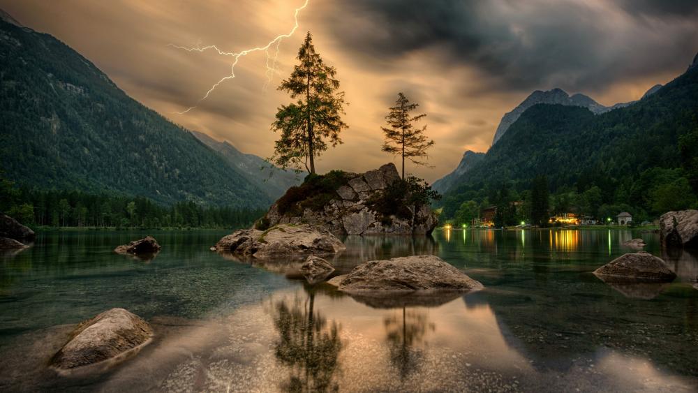Stormy weather with lightning strike at Hintersee wallpaper