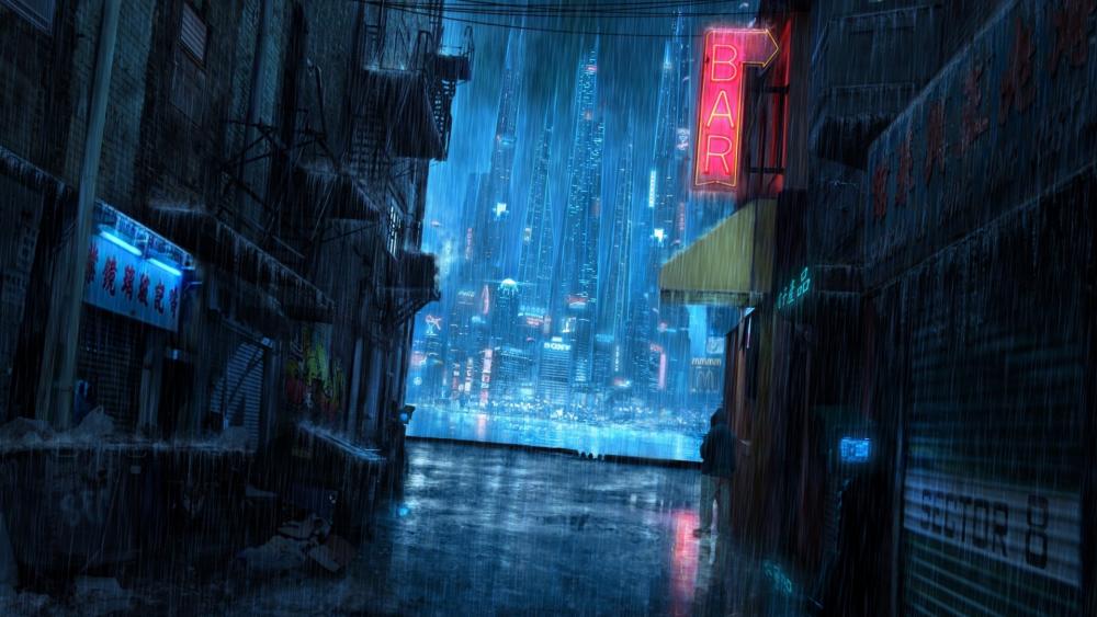 Futuristic city on a rainy night wallpaper