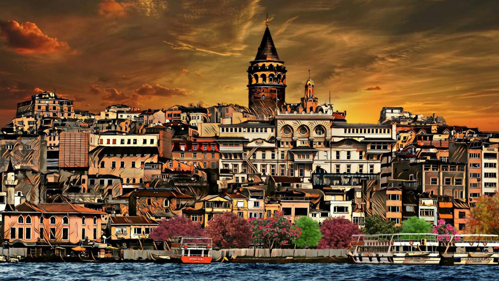 Galata Tower with painting photo effect wallpaper