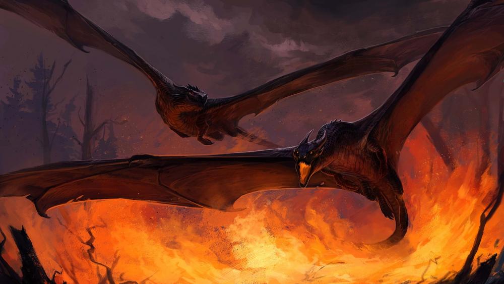 Bat dragons on forest fire wallpaper