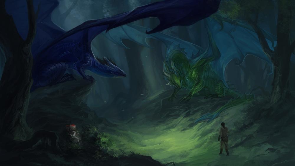 Dragons on the dark forest wallpaper