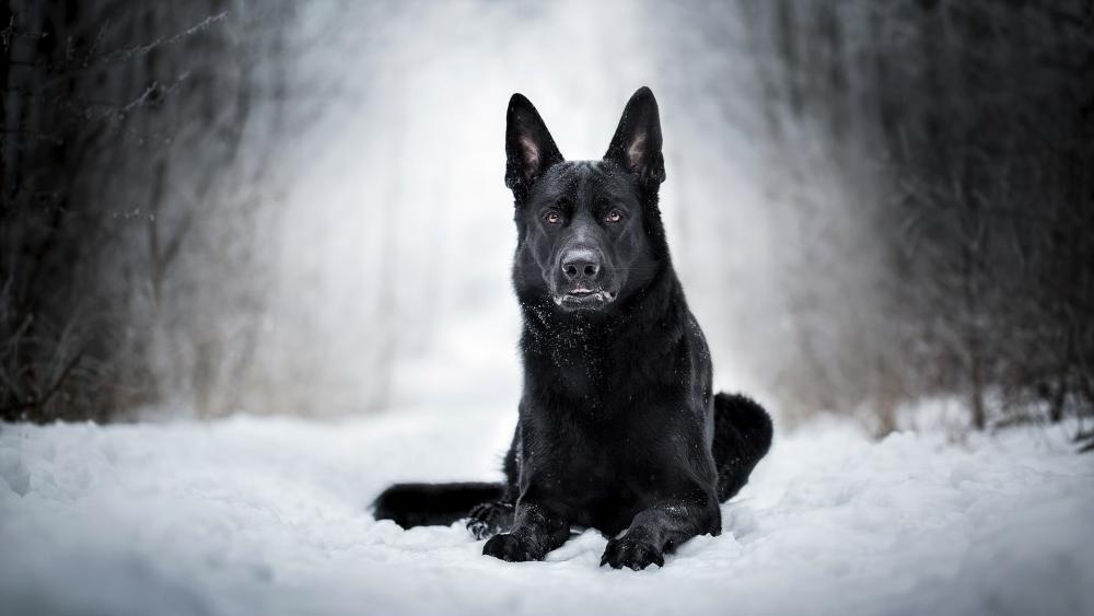 Black dog in the white snow wallpaper